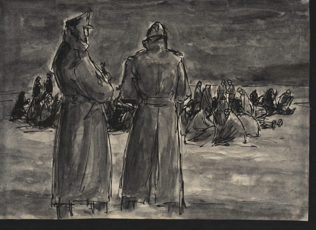 Na czarnobiałej grafice przedstawiono skumulowanych w śniegu więźniów. Ubrani w pasiaki i koce. Skupieni w kupie. Pilnowani przez dwóch SS-manów. 